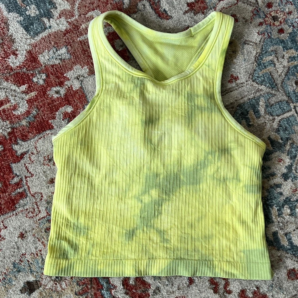 Lululemon Ebb to Street Racerback Crop Tank Top Tie Dye Lime Yellow Size 6 Yoga - Picture 8 of 8